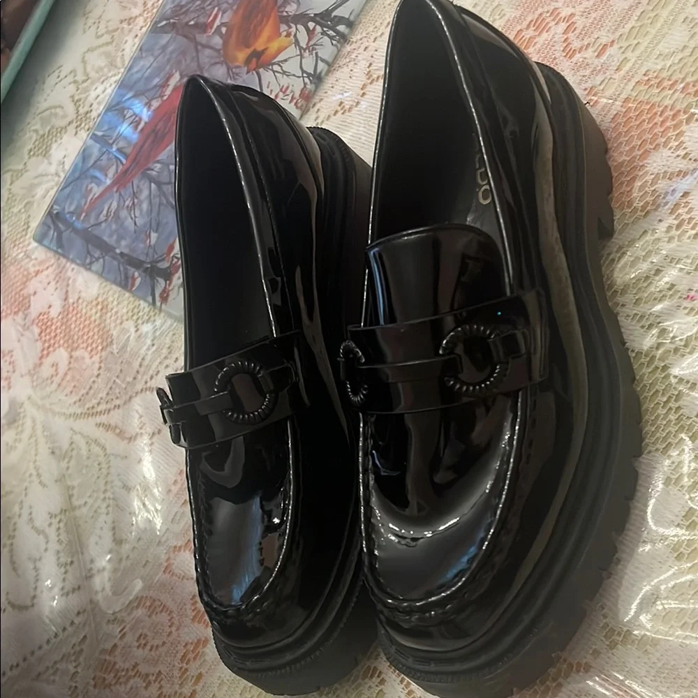 Aldo Glossy Black Patent Slip-On Loafers with Ring Accent